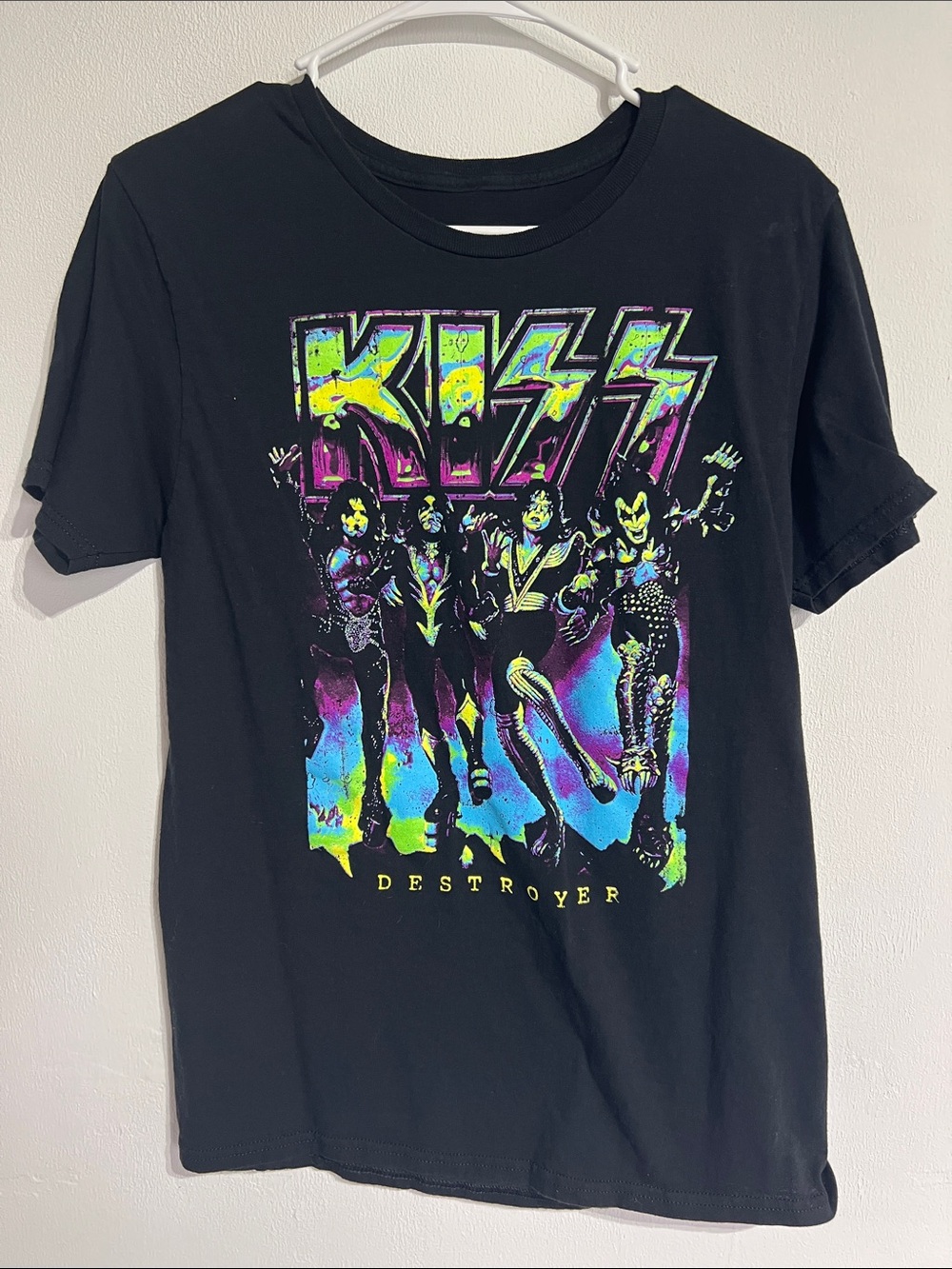 Kiss Neon Destroyer Graphic Tee - Black with Purple, Blue, Yellow